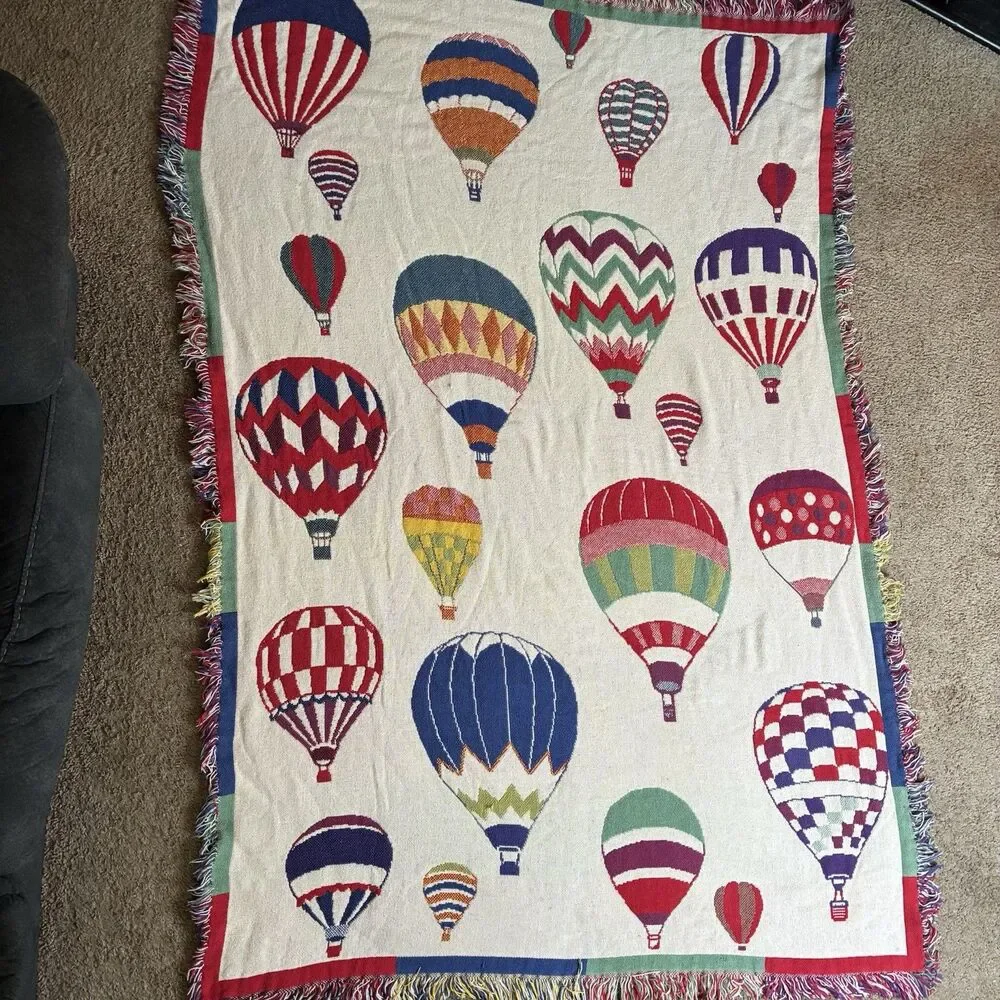 Hot Air Balloon Tapestry Cotton Blanket Throw w/Fringe 70”x46” Two Sided 1970s